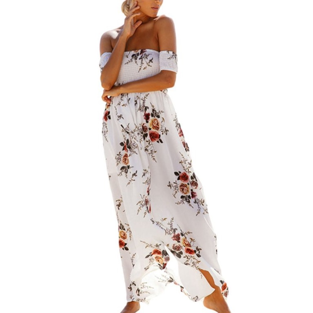 White Maxi Dress Floral Print Chiffon Off The Shoulder Dress